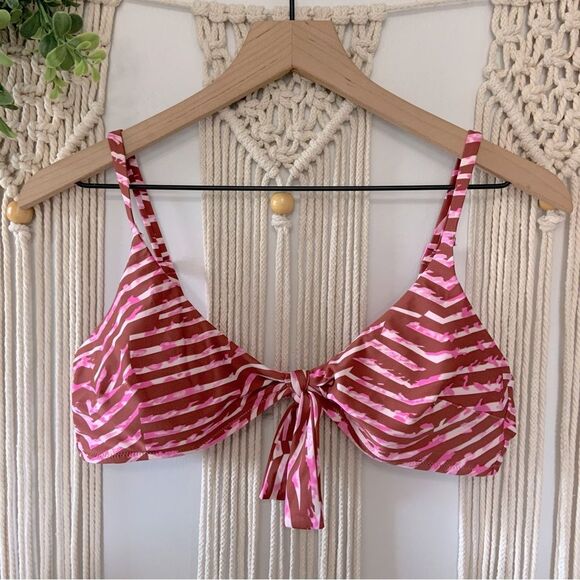 AERIE Tie Front Scoop Bikini Top Best Buds Pink Brown Large - Picture 1 of 14